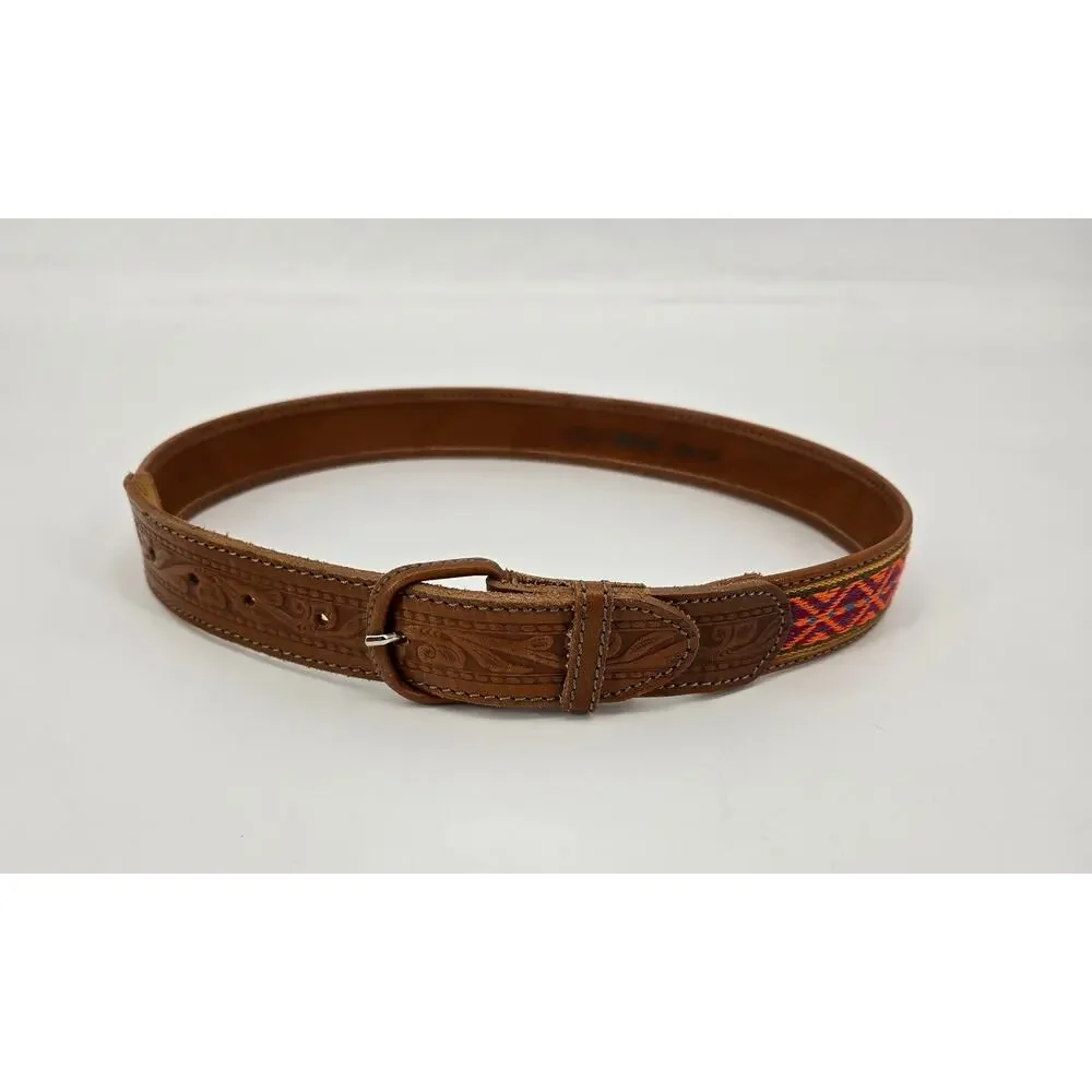 Vintage Tooled Leather Belt with‎ Woven Southwestern Pattern – Size 24